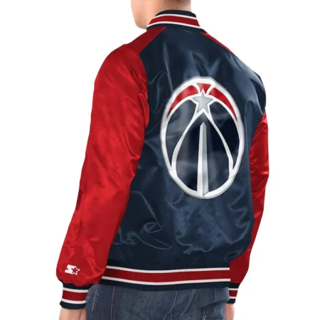 Model wearing Washington Wizard Renegade Varsity Jacket back view