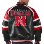 Model front view wearing Nebraska Cornhuskers Varsity Jacket.