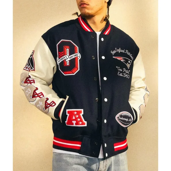 Model wearing OVO New England Patriots Varsity Jacket front