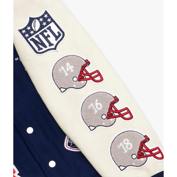 Close-up of OVO New England Patriots Varsity Jacket detail