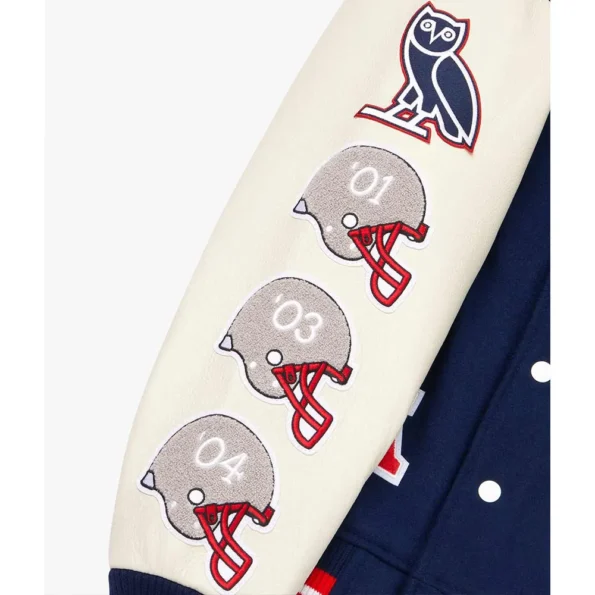 Close-up of OVO New England Patriots Varsity Jacket detail