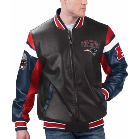 Model wearing New England Patriots Black Varsity Jacket front view.