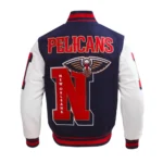 Front view of Orleans Pelicans Mashup Varsity Jacket.