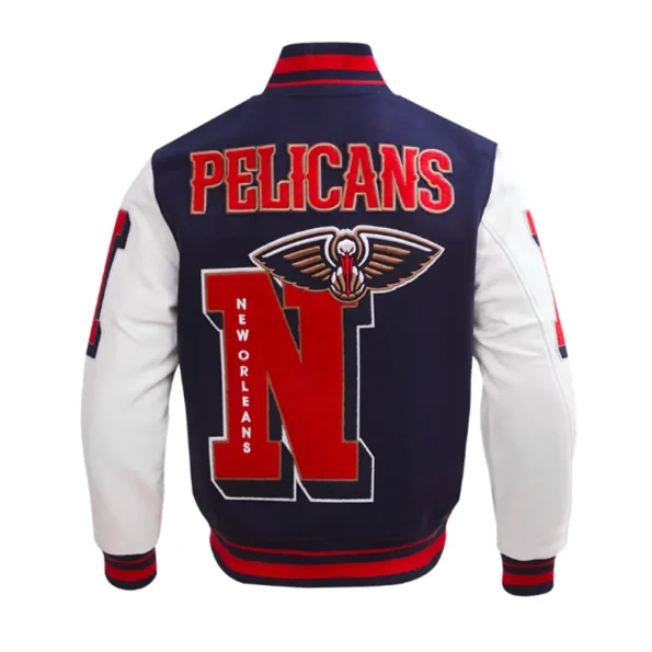 Orleans Pelicans Mashup Varsity Jacket back view with branding.