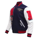 Front view of Orleans Pelicans Mashup Varsity Jacket.