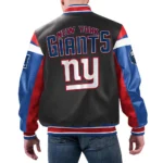 Model front view wearing NY Giants Black Varsity Leather Jacket.