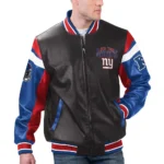 Model wearing NY Giants Black Varsity Leather Jacket front view.