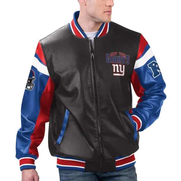 Model wearing NY Giants Black Varsity Leather Jacket front view.