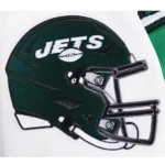 NY Jets Script Tail Varsity Jacket front view display.