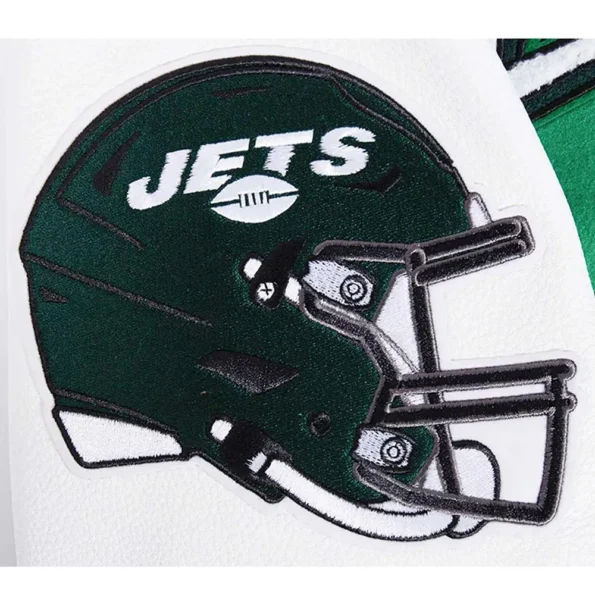 Close-up details of NY Jets Script Tail Varsity Jacket.