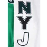 NY Jets Script Tail Varsity Jacket front view display.