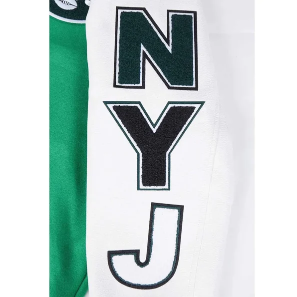 Close-up details of NY Jets Script Tail Varsity Jacket.