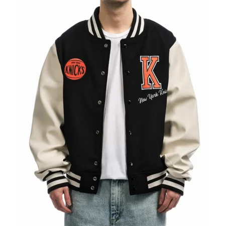 Model wearing NY Knicks Black Varsity Jacket front view.