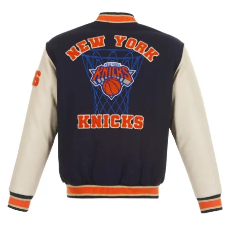 Back view of NY Knicks Chenille Varsity Jacket, blue-orange accents.