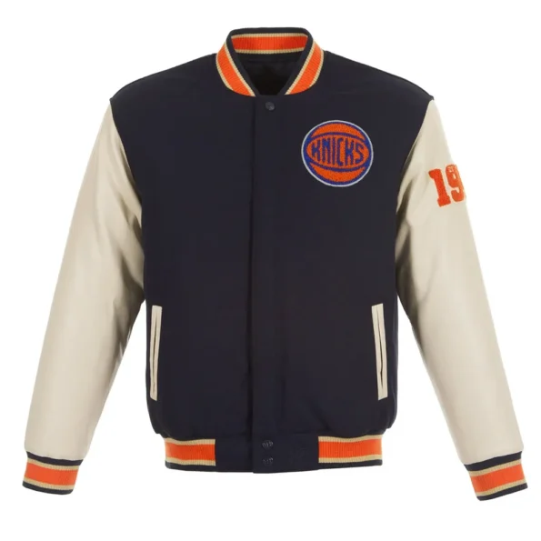 Front view of NY Knicks Chenille Varsity Jacket, blue and orange.