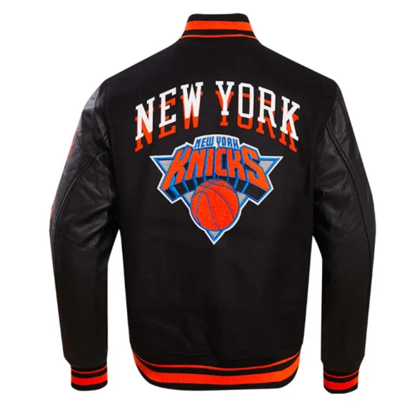 NY Knicks Chest Layered Varsity Jacket back view with Knicks branding.