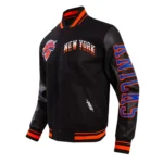 Front view of NY Knicks Chest Layered Varsity Jacket.