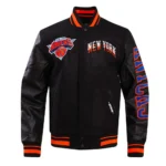 Front view of NY Knicks Chest Layered Varsity Jacket.