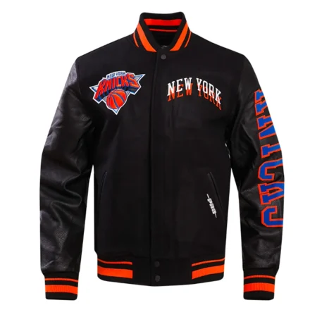 Front view of NY Knicks Chest Layered Varsity Jacket with team logo.