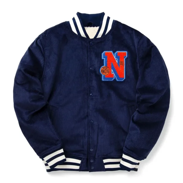 Front view of NY Knicks Navy Corduroy Varsity Jacket.