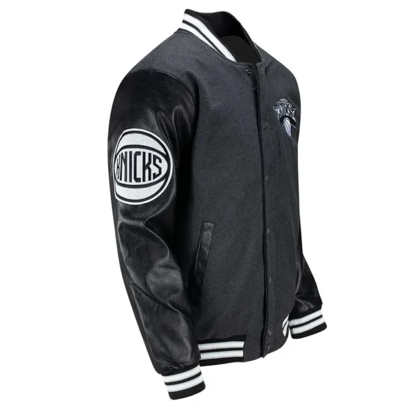 Side view of NY Knicks First Rounder Varsity Jacket