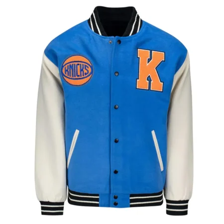 Front view of NY Knicks Leads Blue Varsity Jacket.