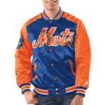 Model front view wearing New York Mets Renegade Varsity Jacket.