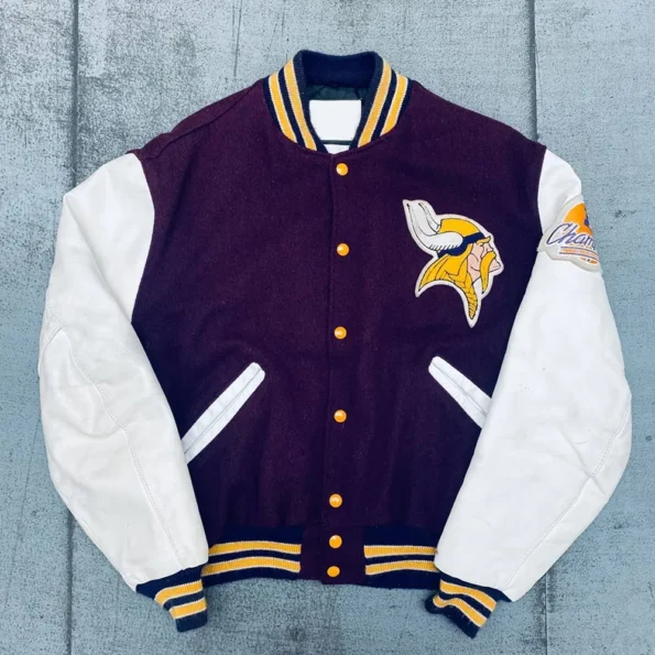 Front view of 1980s Vikings NFC Patch Varsity Jacket.