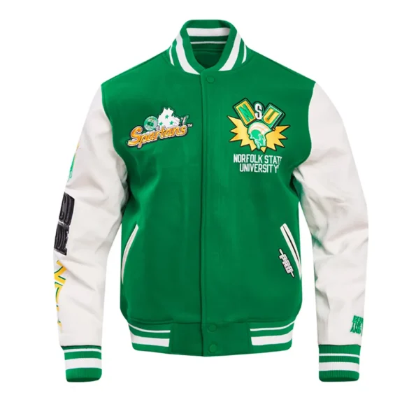 Front view of Norfolk State University Varsity Jacket.