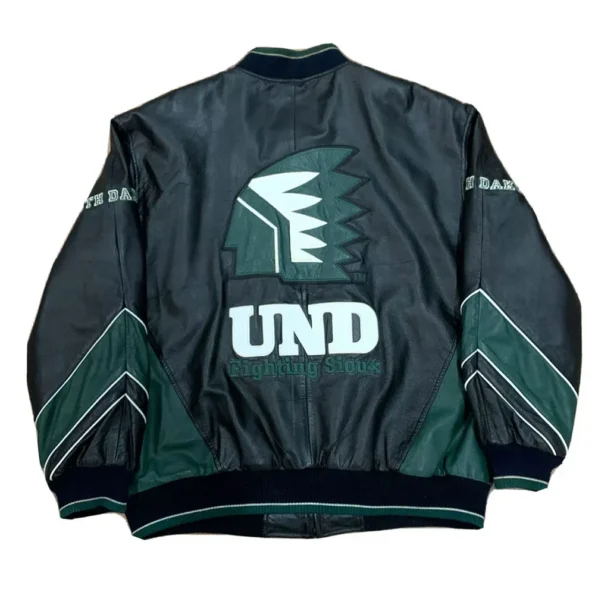 North Dakota Varsity Leather Jacket back view with logo.