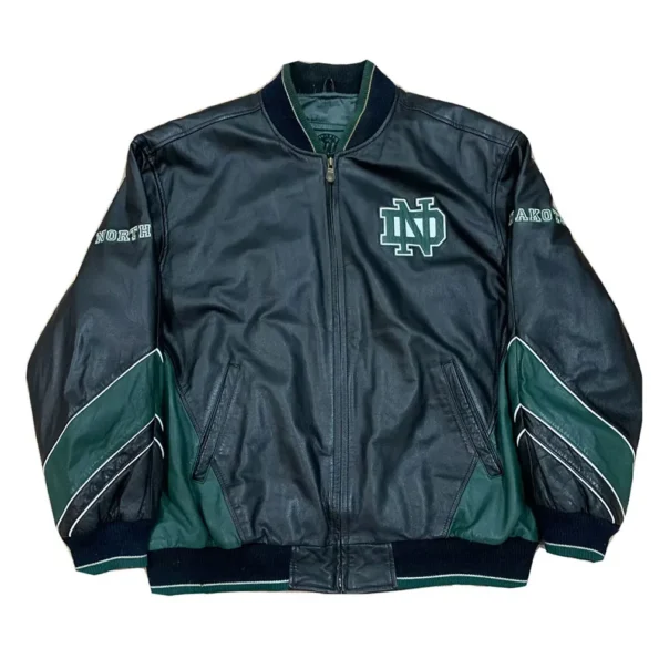 North Dakota Varsity Leather Jacket front view with logo.