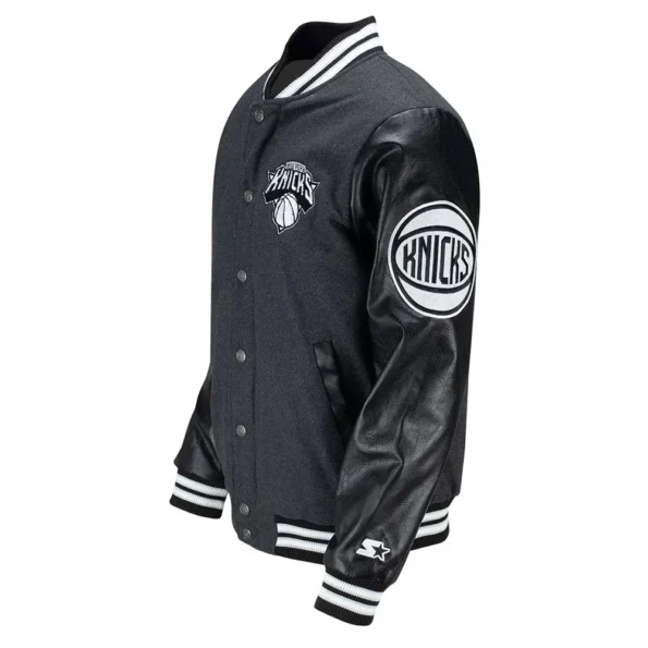 Side view of NY Knicks First Rounder Varsity Jacket