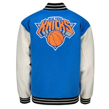 Back view of NY Knicks Leads Blue Varsity Jacket.