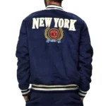 Front view of NY Knicks Navy Corduroy Varsity Jacket.