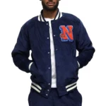 Front view of NY Knicks Navy Corduroy Varsity Jacket.