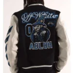 Model front view wearing Off-White Appliquéd Felt Varsity Jacket.