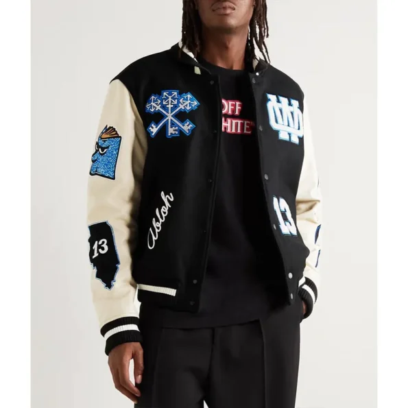 Model wearing Off-White Appliquéd Felt Varsity Jacket front view.