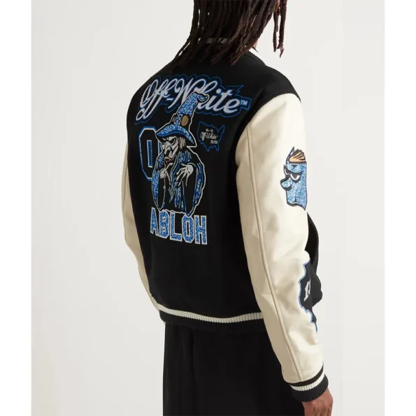 Side profile of model wearing Off-White Appliquéd Felt Varsity Jacket.