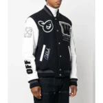 Model front view wearing Off-White Cryst Moon Phase Varsity Jacket.