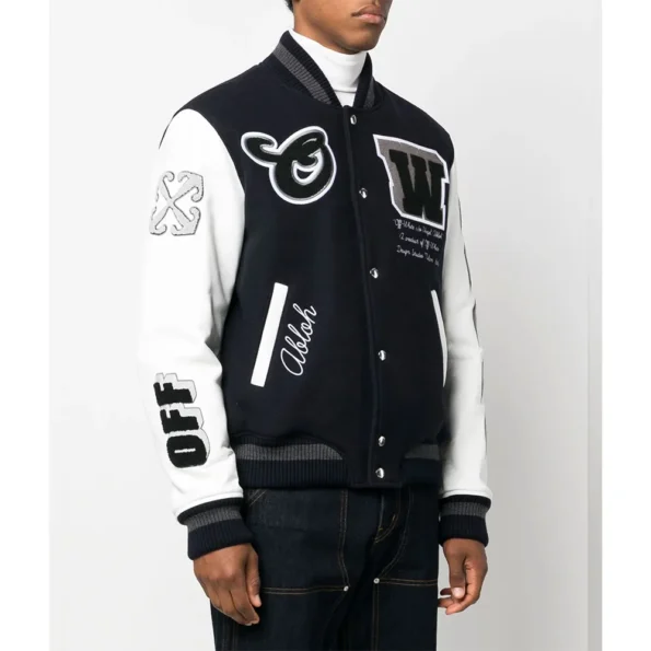 Side profile of model wearing Off-White Cryst Moon Phase Varsity Jacket.