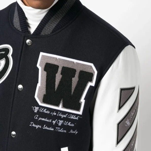 Close-up of Off-White Cryst Moon Phase Varsity Jacket design and fabric.