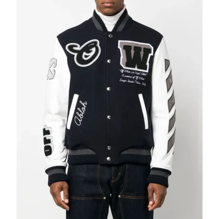 Model wearing Off-White Cryst Moon Phase Varsity Jacket front view.