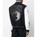 Model front view wearing Off-White Cryst Moon Phase Varsity Jacket.