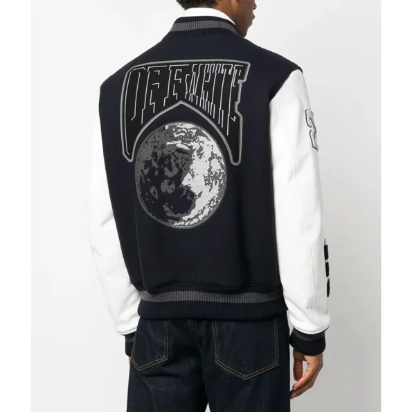 Model wearing Off-White Cryst Moon Phase Varsity Jacket back view.