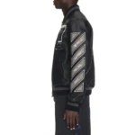 Model front view wearing Full Black Leather Varsity Jacket.