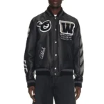 Model front view wearing Full Black Leather Varsity Jacket.