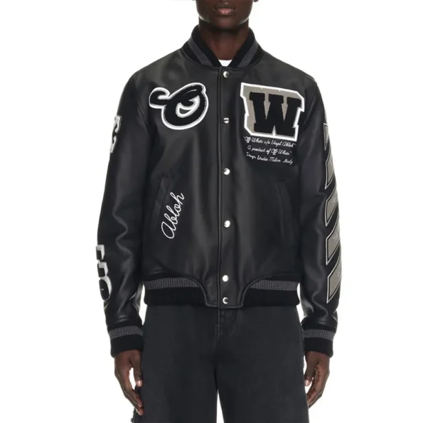 Model wearing Full Black Leather Varsity Jacket front view.