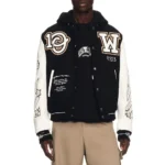 Model front view wearing Off-White Classic Of 2013 Varsity Jacket.