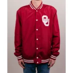 Model wearing Oklahoma Boomer Sooners Varsity Jacket front view.