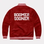 Model showcasing front view of Oklahoma Boomer Sooners varsity jacket.